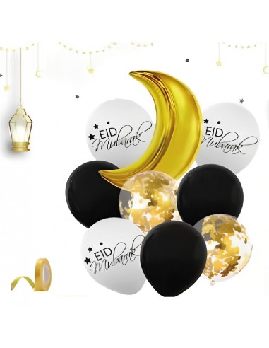 Ballons Eid Mubarak Noir - Or - Blanc