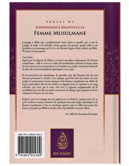 Règles De Jurisprudence Relatives À La Femme Musulmane - Couverture arrière du livre sur l'islam